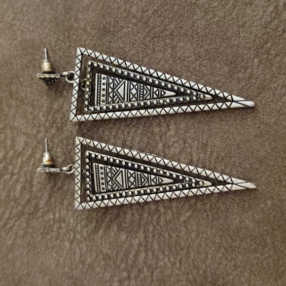 Pointed Geometric Aztec Tribal Metal Post Nebula Earrings - Picture 2 of 4